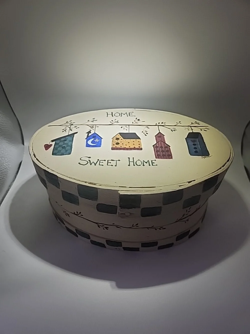 Sweet Home Hand-Painted Oval Trinket Box - Cream with Multicolor Houses9x5